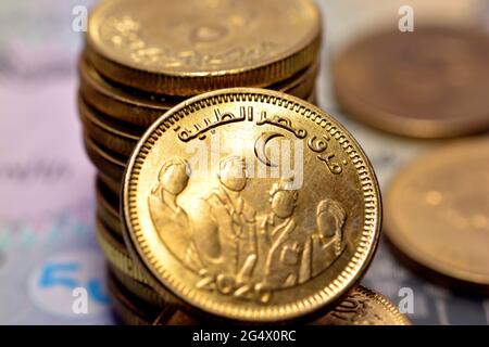 A slogan of Egypt’s Medical Staff 2020 on the obverse of Egyptian 50 piasters coin In appreciation of the Egyptian medical staff efforts in saving liv Stock Photo