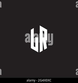 LR Logo monogram with hexagon shape style design template isolated on black background Stock Vector