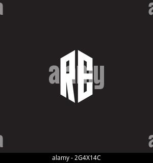 RE Logo monogram with hexagon shape style design template isolated on black background Stock Vector