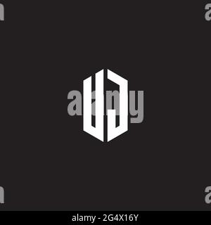 UJ Logo monogram with hexagon shape style design template isolated on black background Stock Vector