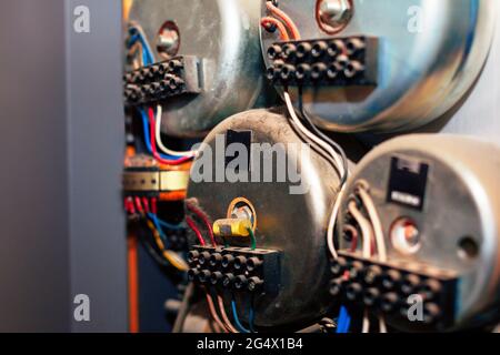 Electrical panel with contractors . Electrician job .  Vintage electrical appliances in production Stock Photo