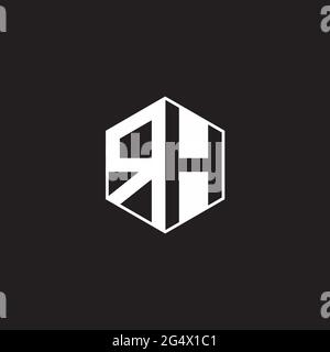 RH R H HR Logo monogram hexagon with black background negative space style Stock Vector