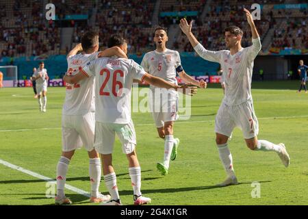 Seville, Spain. 23rd June, 2021. Spain's players celebrate a goal during the Group E match between Slovakia and Spain at the UEFA Euro 2020 in Seville, Spain, June 23, 2021. Credit: Meng Dingbo/Xinhua/Alamy Live News Stock Photo