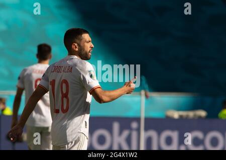 Seville, Spain. 23rd June, 2021. Spain's Jordi Alba reacts during the Group E match between Slovakia and Spain at the UEFA Euro 2020 in Seville, Spain, June 23, 2021. Credit: Meng Dingbo/Xinhua/Alamy Live News Stock Photo
