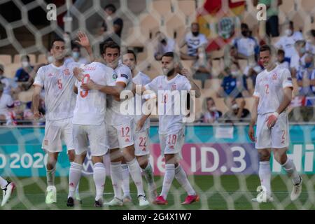 Seville, Spain. 23rd June, 2021. Spain's players celebrate scoring during the Group E match between Slovakia and Spain at the UEFA Euro 2020 in Seville, Spain, June 23, 2021. Credit: Meng Dingbo/Xinhua/Alamy Live News Stock Photo