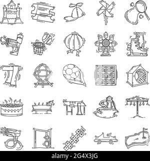 Playground kids icon set ,playing,children,kindergarten. hand drawn icon set, outline black, doodle icon, vector icon design. Stock Vector