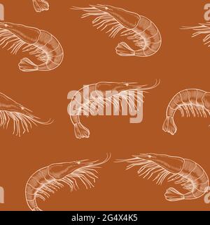 Seamless pattern with sea food, shrimp, drawn in vintage engraving style. Hand drawing, vector Illustration. Stock Vector
