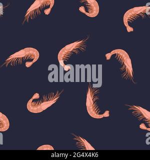 Seamless pattern with sea food, shrimp, drawn in vintage engraving style. Hand drawing, vector Illustration. Stock Vector