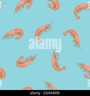 Seamless pattern with sea food, shrimp, drawn in vintage engraving style. Hand drawing, vector Illustration. Stock Vector