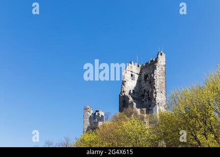 Germany, North Rhine Westphalia, Castle ruins seen from Drachenfels hill in spring Stock Photo