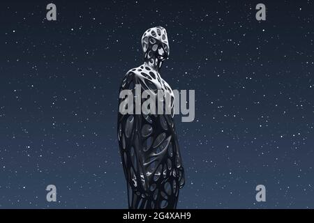 Three dimensional render of wireframe man admiring starry sky at night Stock Photo