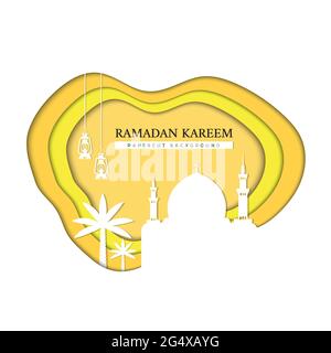 paper cut Ramadan Kareem Islamic yellow background Stock Vector