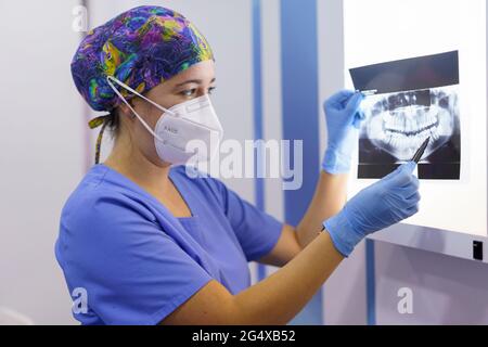 Female dentist examining medical x-ray at clinic during pandemic Stock Photo