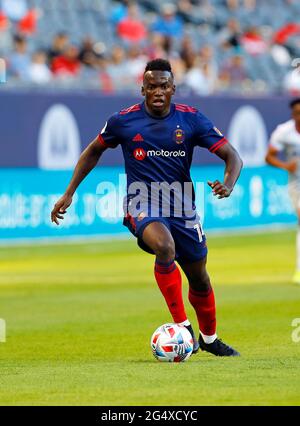 Chicago, USA. 23rd June, 2021. Major League Soccer (MLS) Chicago Fire FC's Jhon Espinoza handles the ball against FC Cincinnati at Soldier Field in Chicago, IL, USA. Cincinnati won 1-0. Credit: Tony Gadomski/All Sport Imaging/Alamy Live News Stock Photo