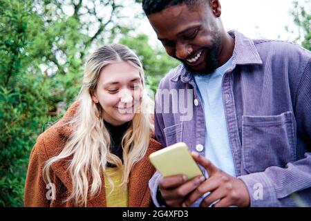Young couple smiling while using mobile phone at back yard Stock Photo