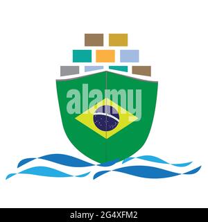 Concept design cargo ship with Brazil flag. Commercial vessel containers freight import and export maritime logistic. Vector illustration design Stock Vector