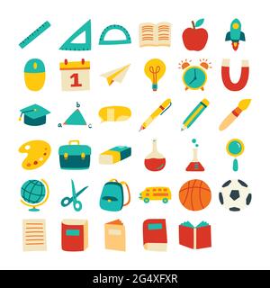 Back to school icon set flat color style. Education hand drawn objects and symbols. Stock Vector