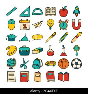 Back to school icon set filled outline style. Education hand drawn objects and symbols. Stock Vector