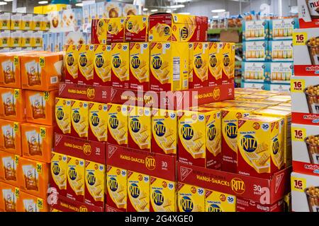Stacked boxes of grocery items at Sam's Club membership warehouse store in Snellville (Metro Atlanta), Georgia. (USA) Stock Photo