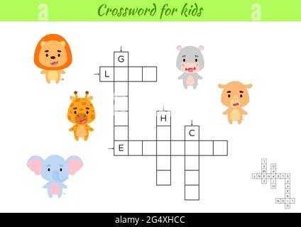 Crossword for kids with pictures of animals. Educational game for study English language and words. Children activity printable worksheet. Includes an Stock Vector