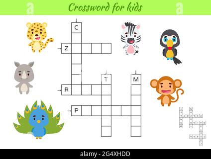 Crossword for kids with pictures of animals. Educational game for study English language and words. Children activity printable worksheet. Includes an Stock Vector