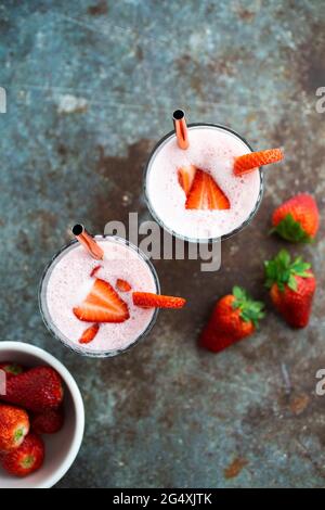 Two glasses of strawberry smoothie Stock Photo