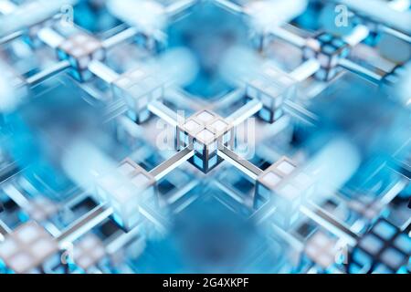 Three dimensional pattern of interconnected cubes forming computer network Stock Photo