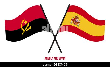 Angola and Spain Flags Crossed And Waving Flat Style. Official Proportion. Correct Colors. Stock Vector