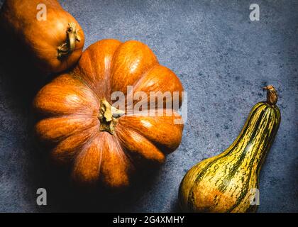 Studio shot of three different pumpkins Stock Photo