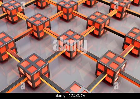 Three dimensional pattern of interconnected cubes forming computer network Stock Photo