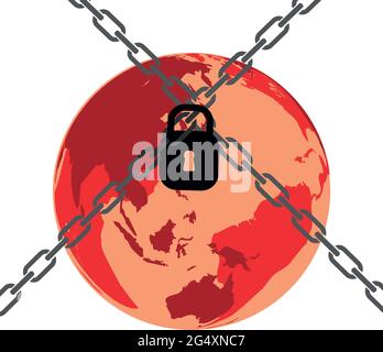 illustration of a world with a red zone in lockdown due to a pandemic corona virus Stock Vector