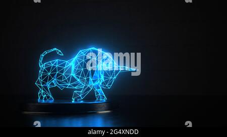 Three dimensional render of blue glowing wire-frame model of bull Stock Photo