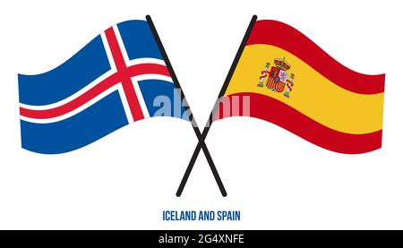 Iceland and Spain Flags Crossed And Waving Flat Style. Official Proportion. Correct Colors. Stock Vector