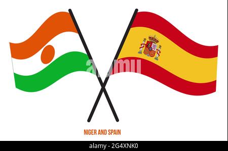 Niger and Spain Flags Crossed And Waving Flat Style. Official Proportion. Correct Colors. Stock Vector