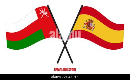 Oman and Spain Flags Crossed And Waving Flat Style. Official Proportion. Correct Colors. Stock Vector