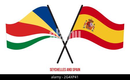 Seychelles and Spain Flags Crossed And Waving Flat Style. Official Proportion. Correct Colors. Stock Vector