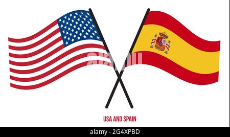 USA and Spain Flags Crossed And Waving Flat Style. Official Proportion. Correct Colors. Stock Vector