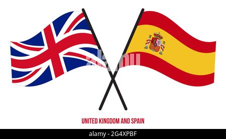 United Kingdom and Spain Flags Crossed And Waving Flat Style. Official Proportion. Correct Colors. Stock Vector