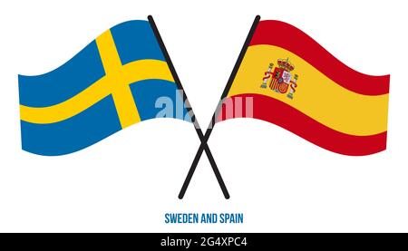 Sweden and Spain Flags Crossed And Waving Flat Style. Official Proportion. Correct Colors. Stock Vector