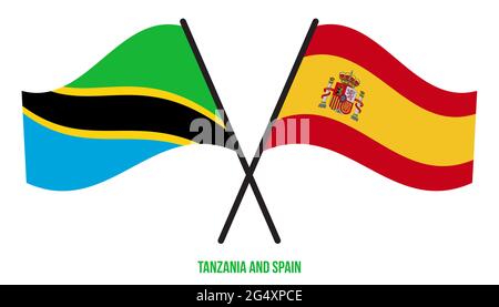Tanzania and Spain Flags Crossed And Waving Flat Style. Official Proportion. Correct Colors. Stock Vector