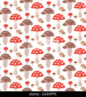Seamless cartoon pattern with mushrooms and amanitas on a white background. Vector natural flat texture. Fabric with forest plants. Simple wallpaper w Stock Vector