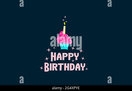 Happy Birthday cake with one candle. Vector hand lettering typography poster on festive pie silhouette. Greeting card. Stock Vector