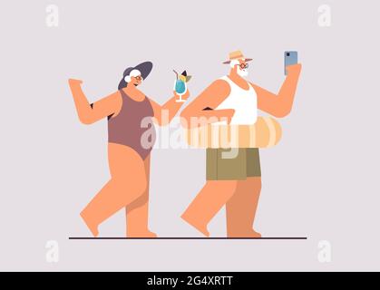 senior couple drinking cocktail and using smartphone grandparents having fun summer vacation concept Stock Vector