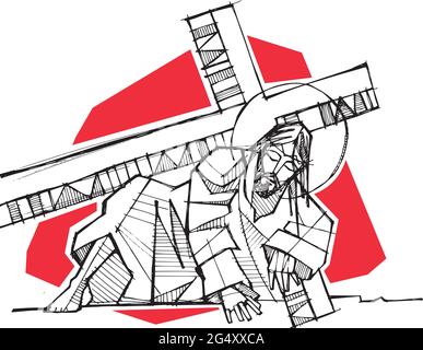 Hand drawn vector illustration or drawing of Jesus Christ with the Cross in his Passion Stock Vector