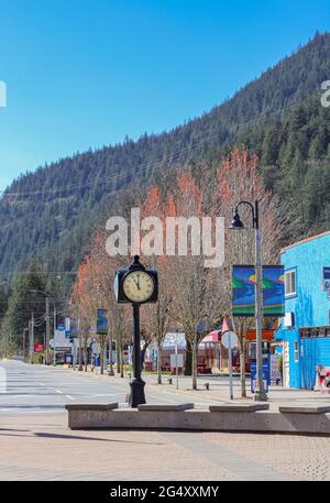 Harrison Hot Springs, BC,Canada-April 15,2021: The village of Harrison Hot Springs. Street view of the Harrison Vilage Park. Travel photo, selective Stock Photo