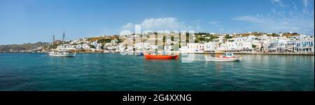 Greek fishing boat in port of Mykonos Stock Photo