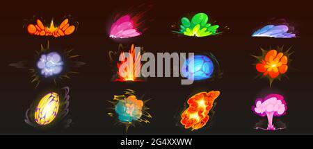 Cartoon bomb explosion set. Clouds, boom effect and smoke elements for ui game design. Dynamite danger explosive detonation, atomic comics fire detonators isolated vector icons Stock Vector