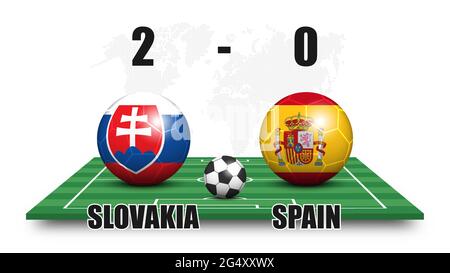 Slovakia vs Spain . Soccer ball with national flag pattern on perspective football field . Dotted world map background . Football match result and sco Stock Vector