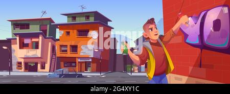 Man with spray draws graffiti on brick wall in ghetto area. Vector cartoon cityscape with poor dirty houses and teenager painting on building. Street art culture in old neighborhood Stock Vector