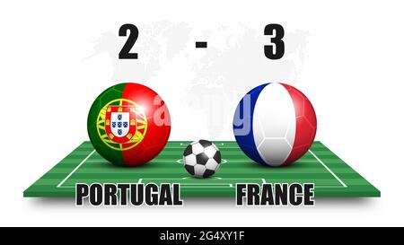 Portugal vs France . Soccer ball with national flag pattern on perspective football field . Dotted world map background . Football match result and sc Stock Vector